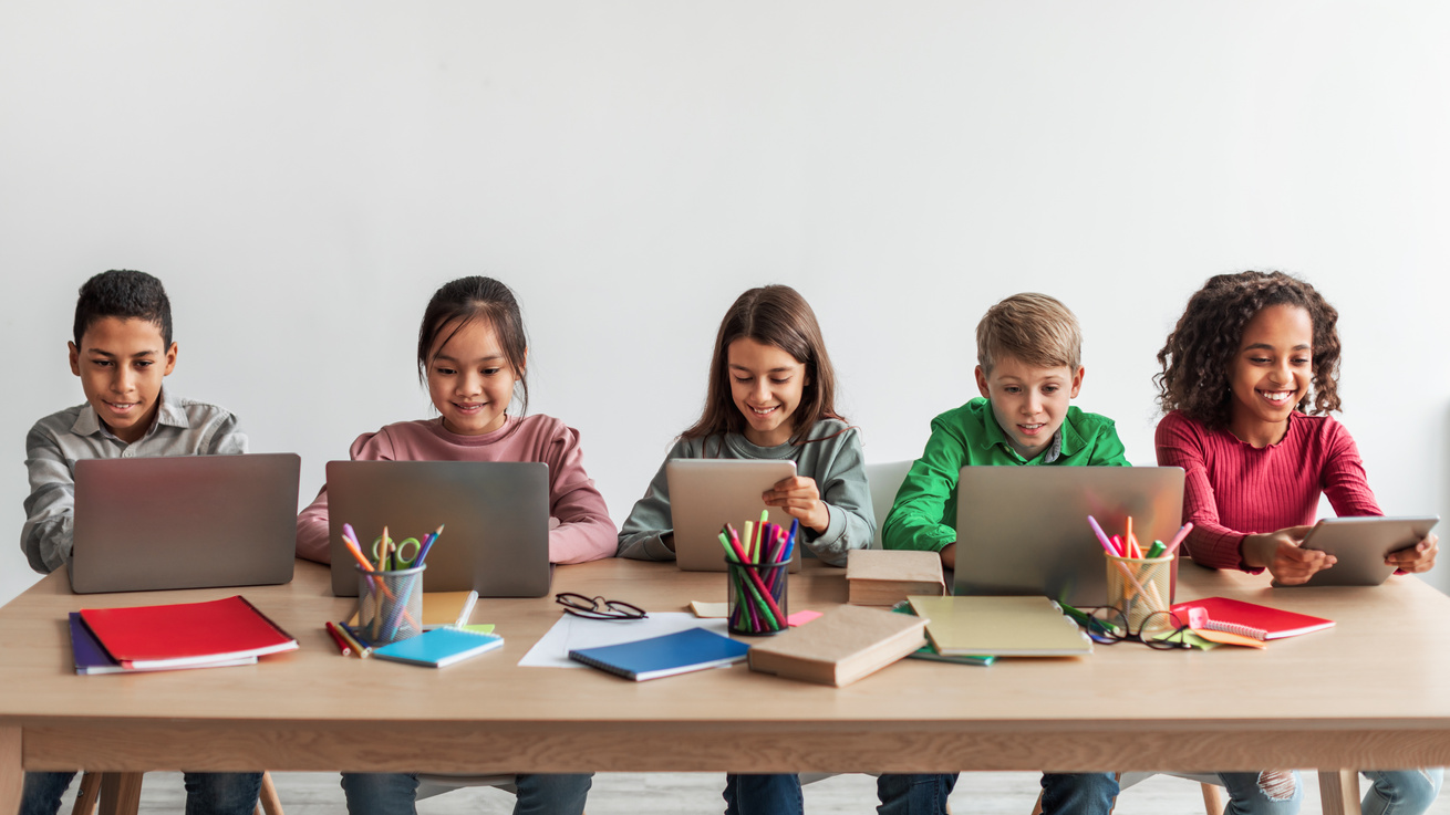 Multicultural School Children Using Laptop Computers Learning in Classroom, Panorama